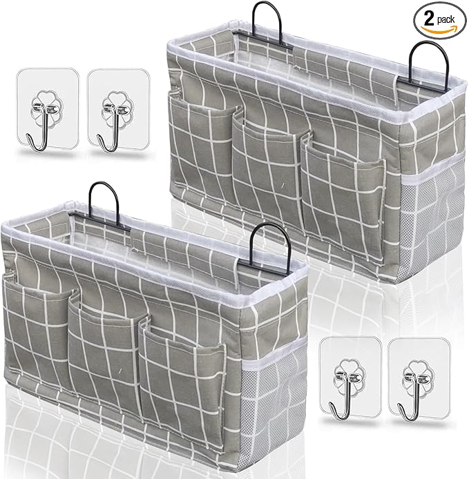 2pcs 3-pockets Large Wall Hanging Organizer Bag, Linen Fabric Door Hanging Storage Baskets with Pockets, Waterproof Bin for Kitchen, Bedroom, Office, RV Camper (GreyGrid-2pcs)