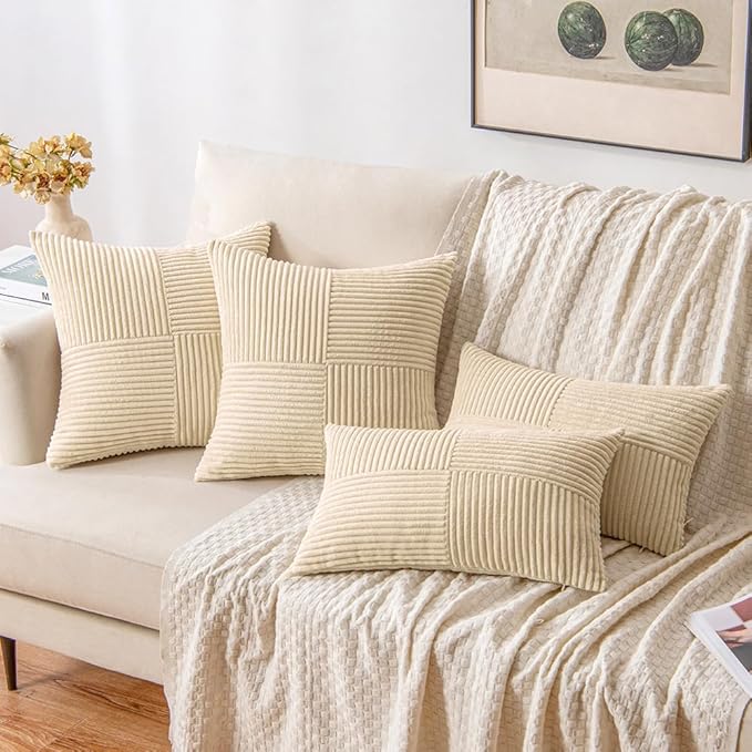 MIULEE Cream Decorative Throw Pillow Covers 16x16 Inch for Couch Bed Sofa Pack of 2 Boho Neutral Farmhouse Throw Pillows Soft Cross Corduroy Patchwork Textured Cushion Cases
