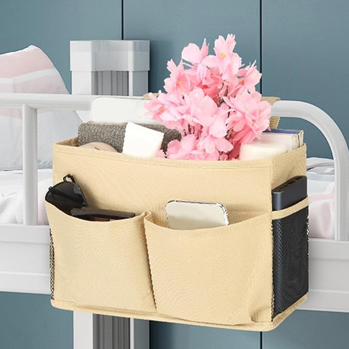 Bedside Caddy, Durable Cotton Linen Bunk Bed Caddy with Pockets and Bottle Holder,Hanging Storage Organizer,Bedside Bag for College Dorm Bed Rails Crib Bed Hospital Home Rooms Accessories (Yellow)