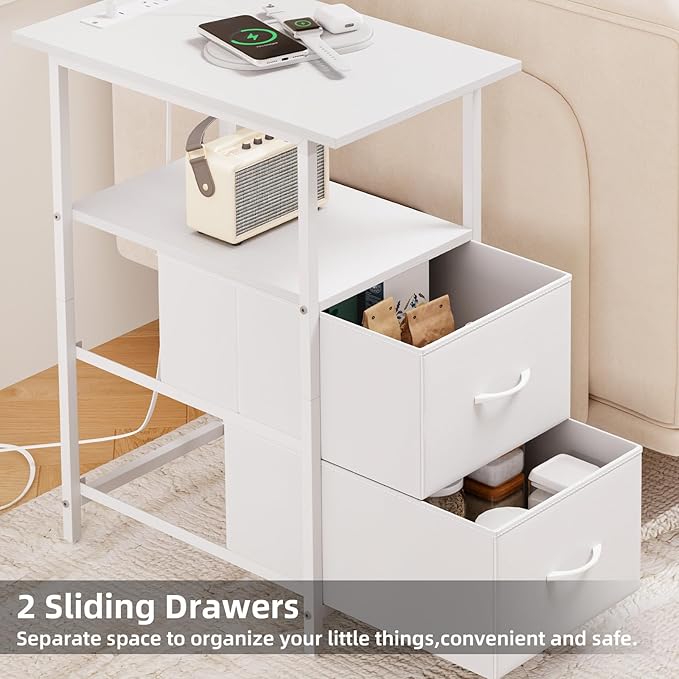 Somdot End Table with Charging Station,Narrow Side Table with 2 Fabric Drawers,Skinny Nightstand with Storage,Small Slim Bedside Table for Living Room,Sofa,Bedroom,Couch,White Leather
