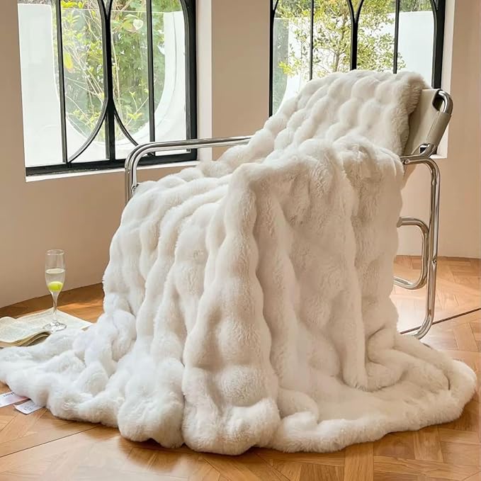 Luxury 1000GSM Faux Rabbit Fur Bubble Throw Blanket, Elegant White, Ultra Soft Plush 3D Bubble Design, Reversible Mink Blanket for Couch, Sofa, Bed & Living Room, 50" x 60" Gift for Women & Family