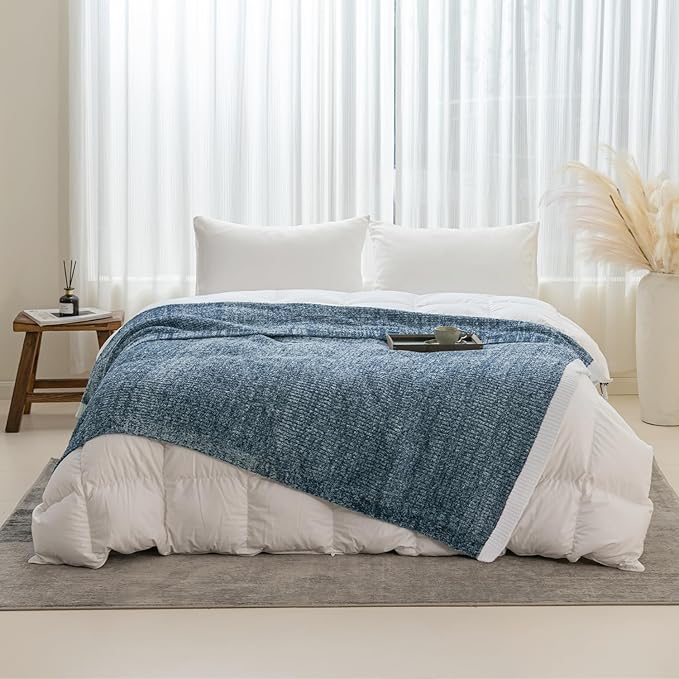 MH MYLUNE HOME Ultra Soft Ribbed Throw Blanket for Couch 60x80 Inches Luxurious Super Cozy Fluffy Microfiber Blanket Plush Warm Reversible Throw Blankets for Sofa Bed - Blue 60 x 80 Inches