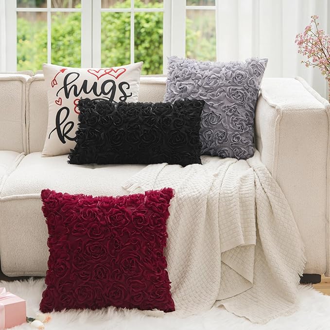 MIULEE 3D Rose Flower Pillow Cover Decorative Spring Floral Romantic Stereo Chiffon Aesthetic Solid Pillowcase for Girl Bedroom Living Room Decor 12x20 Inch Black