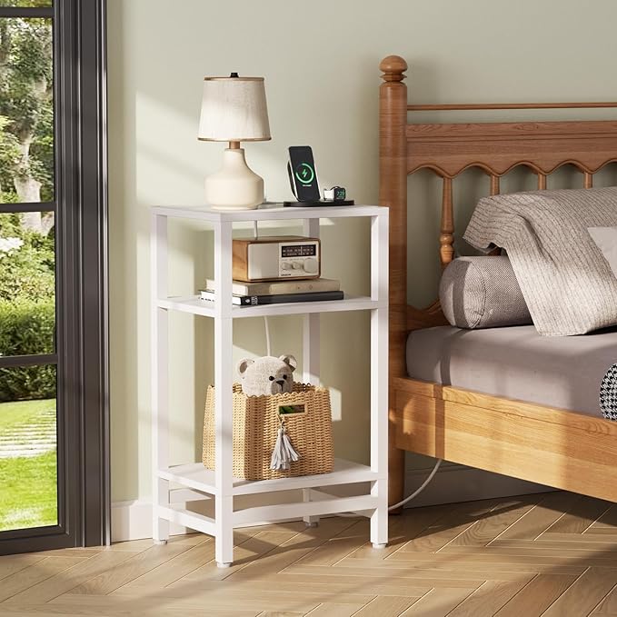 Side Table with Fast Charging Station, 3 Tier Tall End Table for Small Space, Narrow Side Table with Type C and USB Port, End Tables for Living Room Bedroom, Office, Nursery, White