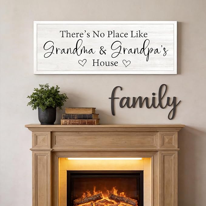There’s No Place Like Grandma and Grandpa’s House Wall Decor: 32x12 Inch Framed Wooden Family Quote Sign, Rustic Farmhouse Wall Art for Grandparents’ Home, Living Room or Entryway, White