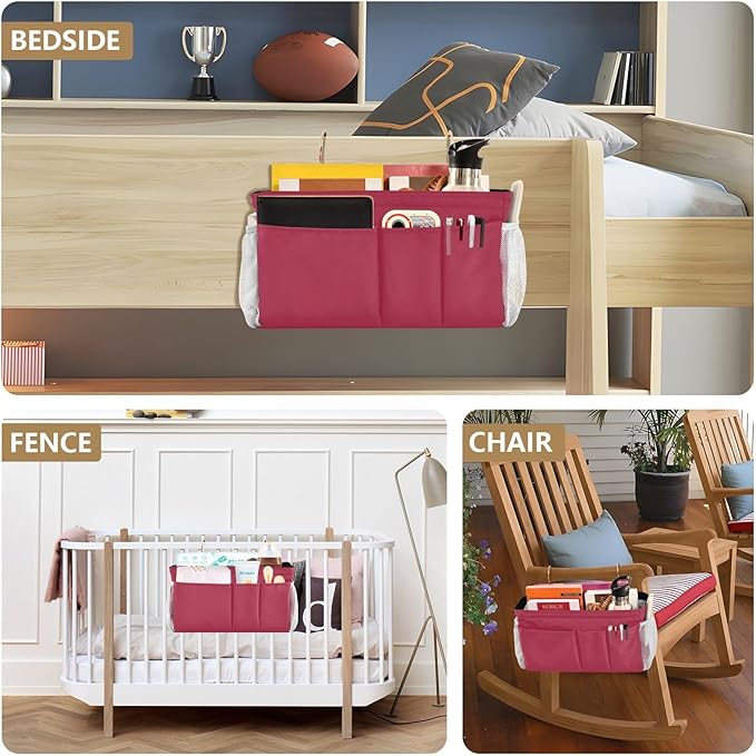 Strawberry Red Bedside Caddy Storage Bag Bedside Organizer for College Dorm Top Bunk Bed Organizer Caddy Hanging Shelf 6 Pockets with Hooks for Glasses Book Tablet Holder