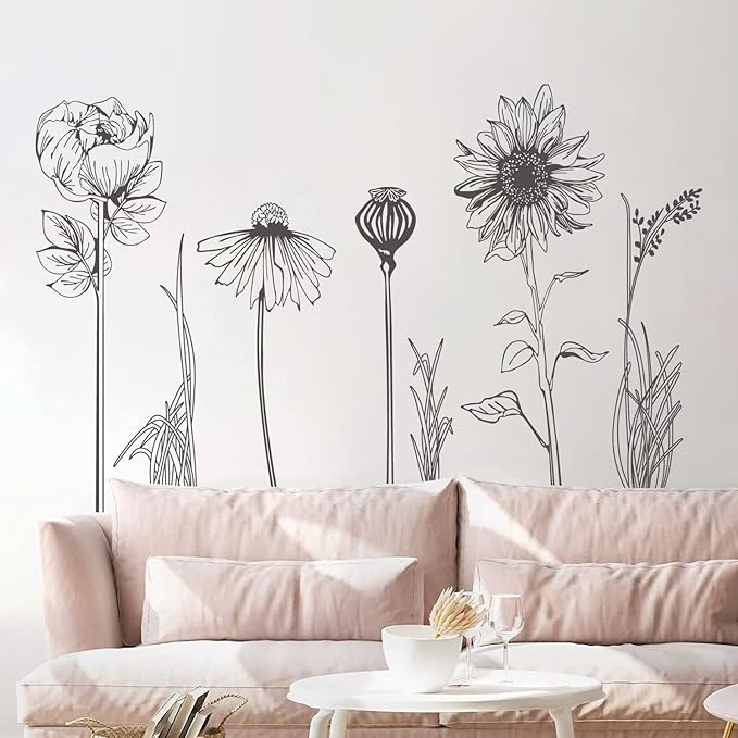 Black Simple Flower Plant Wall Decals, 2 Sheets Large Boho Floral Modern Wall Stickers Peel Stick Sketch Wildflower Wallpaper Art Decor for Bedroom Living Room Office Gifts for Mom(11.8x35.4 in/Sheet)