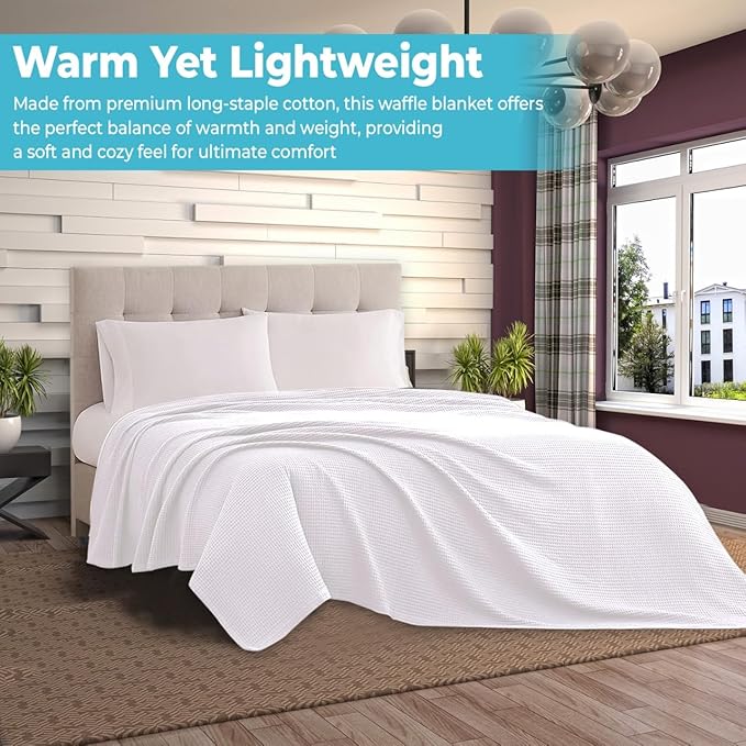 100% Cotton Blankets for Bed - Waffle Weave Blankets for Summer, Lightweight and Breathable Soft Woven Blanket for Spring (White, Throw (50" x 60"))