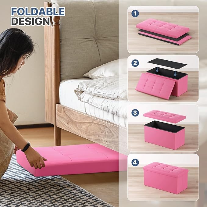 MoNiBloom 30 Inch Storage Ottoman Bench, 24 Gal. Folding Ottoman Footrest, End of Bed Bench, Rectangle Foot Stool, Supports 600 lbs, for Bedroom, Living Room, Entryway, Hallway, Hot Pink