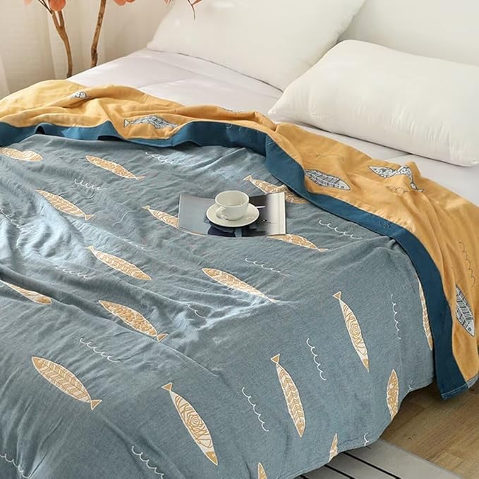 Boho 100% Organic Cotton Throw Blanket for Bed Ultra Soft Farmhouse Reversible Blanket for Bedroom Living Sofa Couch,Muslin Rustic Quilt for Home Decor Gift 60"x80"