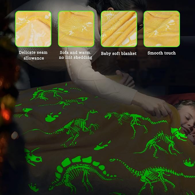 Glow in The Dark Blanket Dinosaur Throw Blanket for Boys Kids Cute Dino Blanket Unique Christmas Toys Gifts Gray Glowing Dinosaur Room Decor Blankets for Girls Teens