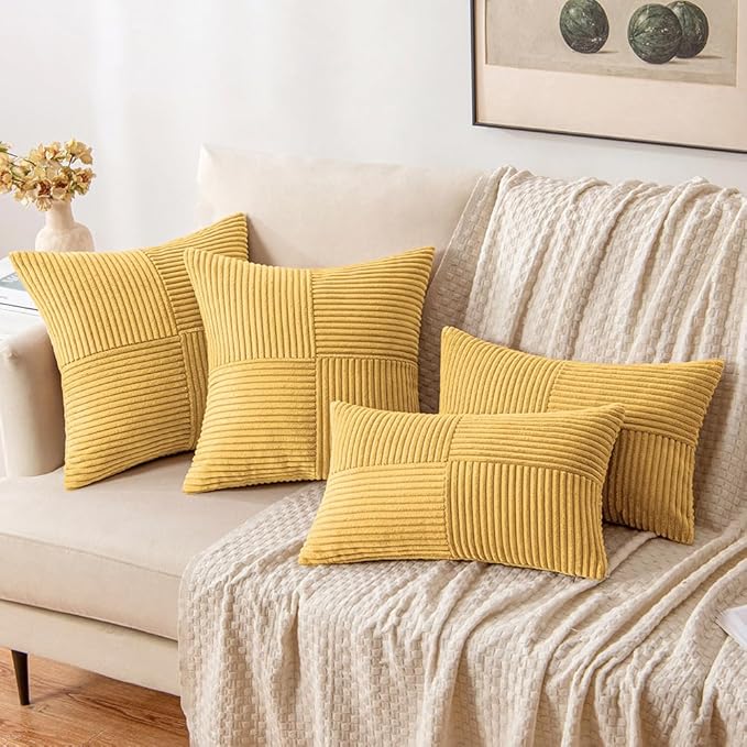 MIULEE Golden Mustard Decorative Throw Pillow Covers 18x18 Inch for Couch Bed Sofa Pack of 2 Boho Farmhouse Throw Pillows Soft Cross Corduroy Patchwork Textured Cushion Cases