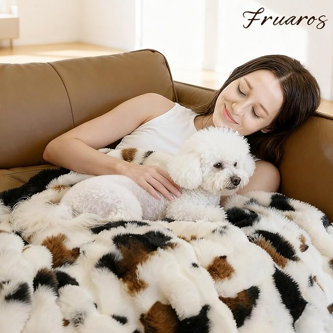 Cow Print Faux Fur Baby Blanket 40x50 – Fluffy Cow Bubbles Blanket, Ultra Soft Rabbit Faux Fur Throw for Kids & Travel, Black to White Ombre with Brown Accent, Cozy Decorative Cow Gift