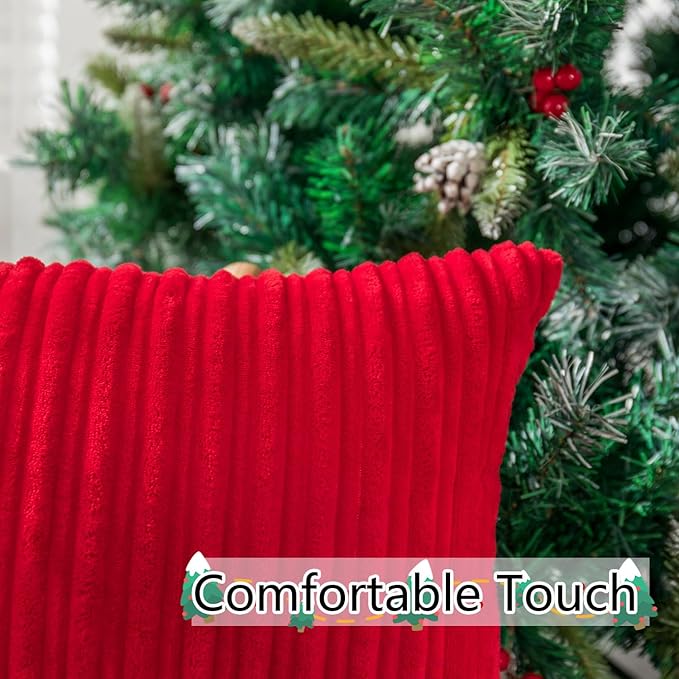 UGASA Nordic Solid Striped Velvet Pillow Covers Christmas Decor Simple Modern Sofa Cushion Cover Bed Velvet Square Pillowcase, 2 Pc, 20"x20",Red