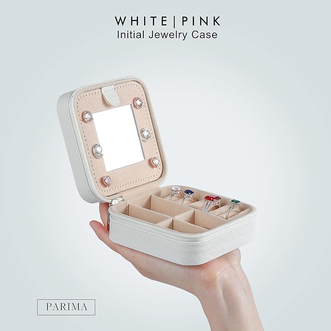 Parima White Jewelry Box for Women - Personalized Travel Chenille Letter Patches Jewelry Case, Multifunctional, Includes Ring Holder, Necklace Pocket - Ideal Birthday Gift