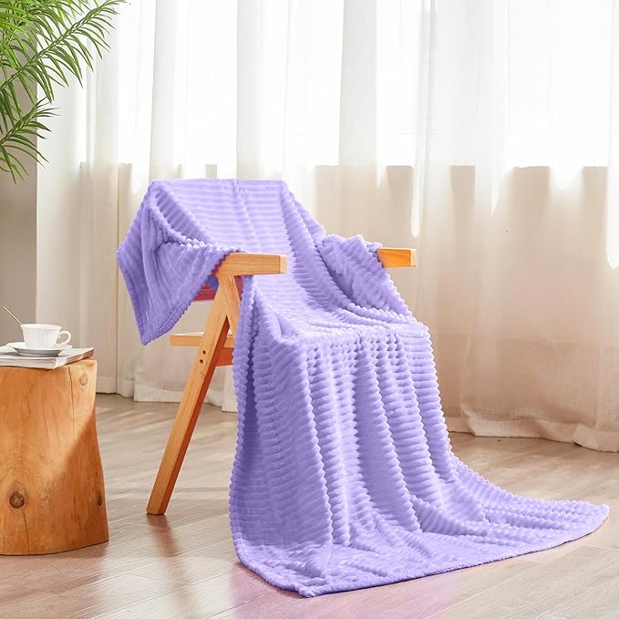 Vessia Flannel Fleece Striped Bed Blanket Twin Size(60x80inch,Lavender), 300GSM Microfiber Light Purple Comfy Home Decor, Soft Warm Cozy Lightweight Ribbed Lilac Blanket for All-Season