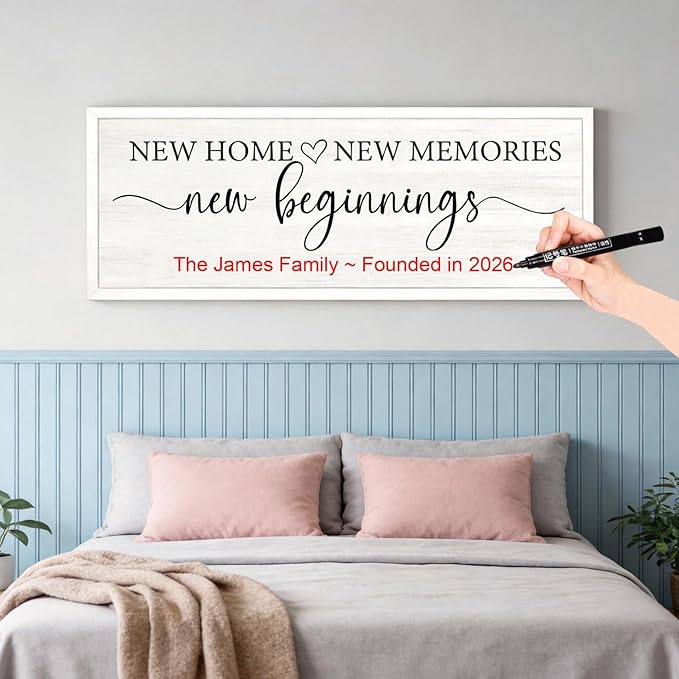 New Home, New Memories, New Beginnings Wall Decor Sign – 32x12 Inch Framed Wooden Sign with Writable Family Name & Year Space, Rustic Farmhouse Housewarming Gift for New Home, Entryway, Living Room, White