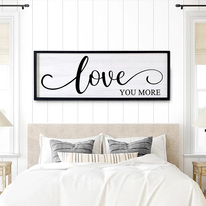 Love You More Decorative Rustic Sign & Plaque Framed Wall Art for Couples, 40''×15'' Vintage Cottagecore Wooden Horizontal Love Quote Home Decor Above Bed for Living Room, Farmhouse Wedding Gift