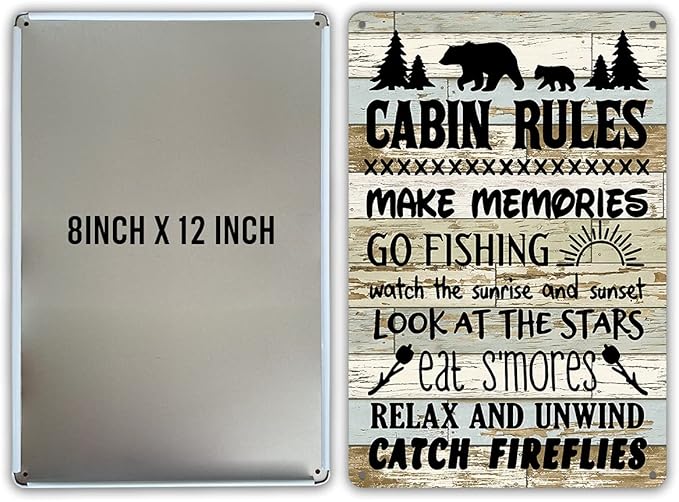 QIONGQI Funny Cabin Rules Metal Tin Sign Wall Art Decor, Farmhouse Wooden Style Cabin Sign for Home Decor Gifts