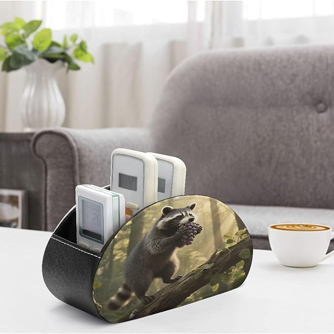 Raccoon Remote Control Holder Organizer Box with 5 Compartment PU Leather Bedside Storage Caddy Remote Organizer for Controller Media Player Pen/Pencil Storage