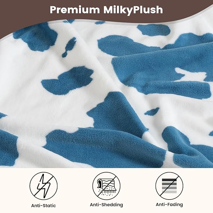 Cozy Bliss Cow Print Fuzzy Throw Blanket for Couch - Thick Soft Warm Non Shedding Fleece Blankets for Western Décor Room, for Kids, Women Men Girls, Teal Blue 50"*60"