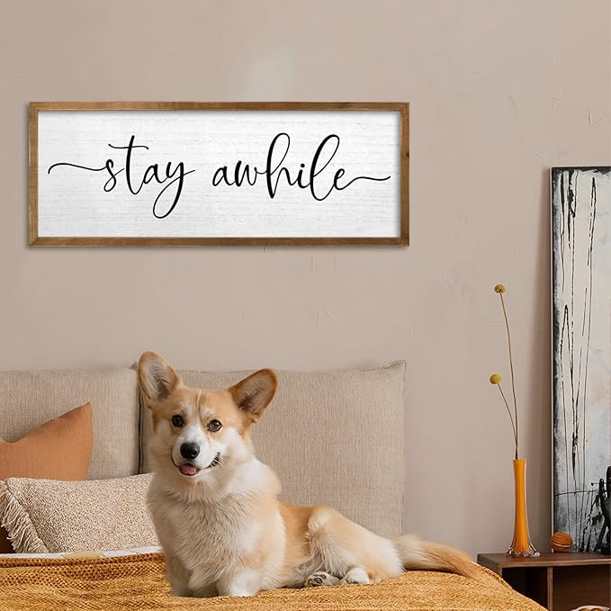 TQianJiang Living Room Wall Decor Stay Awhile Sign 24"×10" Cozy Home Inspirational Quote for Home Entryway Plaque Hallway Rustic Farmhouse Large Wood Framed Wall Hanging Art (Wood)