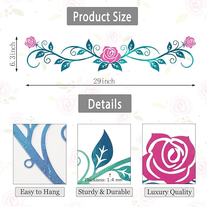 AHYS Metal Flowers Wall Decor Rustic Flat Rose Vine Wall Art for Farmhouse Home Living Room Bedroom for Above Door/Bed/Windows Decor (Cyan & Pink) - 29x6.3 Inches