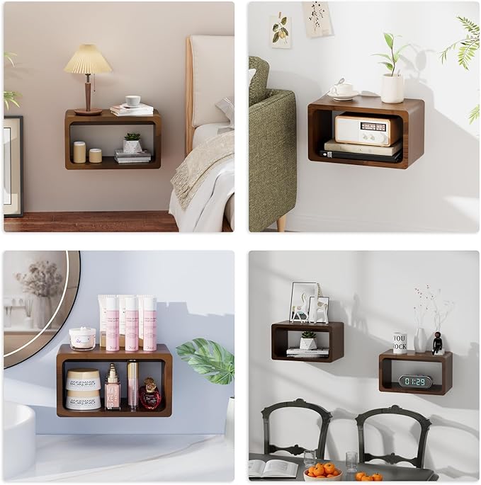 Bamboo Floating Nightstand with Storage Drawer and Modern Open Shelf Cubby，Bedroom, Living Room, Kitchen, Tool Room for use. (Brown, Prepare for Departure)