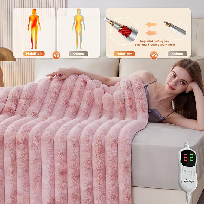 Heated Throw Blanket, Faux Fur Cozy Heating Blanket with Overheat Protection, 1/2/4/6/8 Hours Auto-Off 10 Heat Level, Machine Washable (62x84 Inches, Tie-Dye Pink)