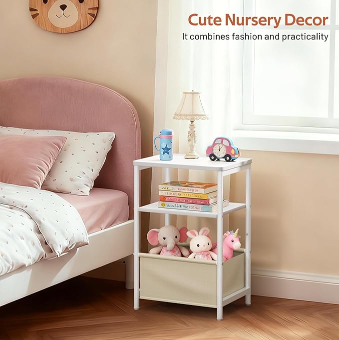 MISSLO Nursery Side Table for Living Room with Storage Basket Small End Tables for Small Spaces Kids Nightstand with Large Tabletop White Bedside Table Toddler Night Stand for Bedroom, Sofa, Dorm