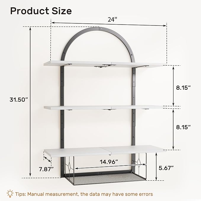 Floating Shelf for Wall- 31.5"x 24" 3+1 Tier White Bathroom Floating Shelves with Basket for Bathroom, Living Room,Bedroom and Kitchen