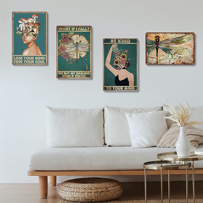 Fmcmly Be Kind to Your Mind Vintage Tin Signs Hippie Boho Wall Art Encouragement Gifts for Women Home Office Bedroom Living Room Cafes Wall Decor 8x12 Inch