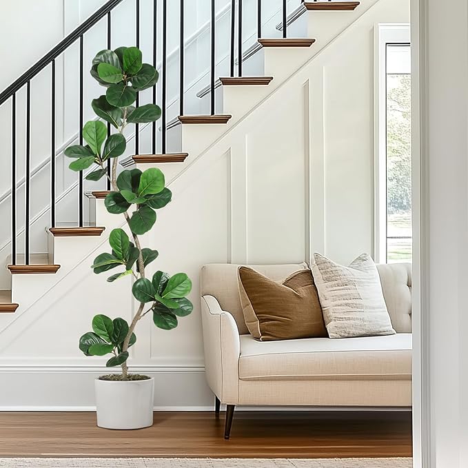 GarveeHome Artificial Fiddle Leaf Fig Tree - 6 ft Fake Plant with Black Nursery Planter, Large Fake Tree for Home or Office Decor - Artificial Plants Indoor Outdoor, Housewarming Gift