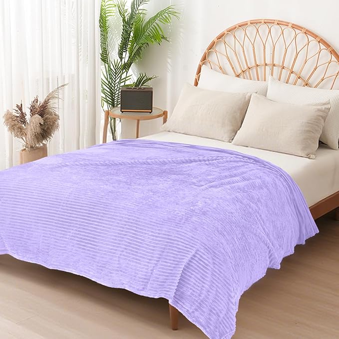 Vessia Flannel Fleece Striped Bed Blanket Twin Size(60x80inch,Lavender), 300GSM Microfiber Light Purple Comfy Home Decor, Soft Warm Cozy Lightweight Ribbed Lilac Blanket for All-Season