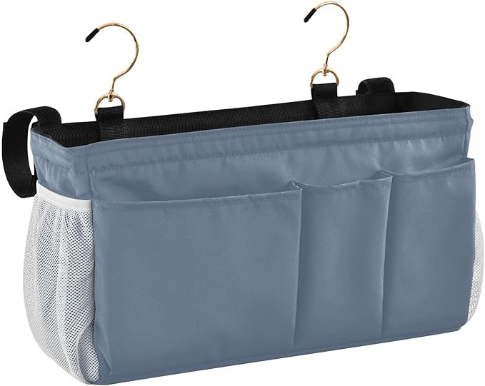 DOMIKING Dusty Blue Bedside Caddy for Dorm Bed Recliner Armrest Organizer with Hooks Haning Holder for Magazine Tablet Phone