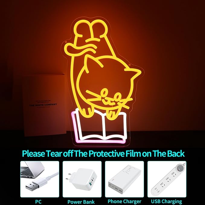 Neon Sign - HSJNJKFU Cat Neon Signs for Wall Decor Cat Reading Book Led Light Up Sign for Bedroom Room Birthday Party Home Decor