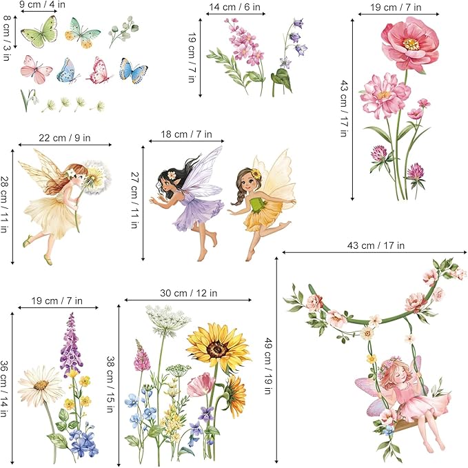 decalmile Flower Fairy Wall Decals Butterfly Girl with Wildflower Sunflower Wall Stickers Girls Bedroom Baby Nursery Kids Room Wall Decor