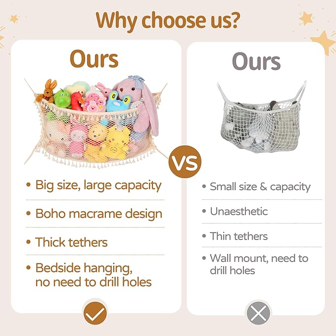 2 Pack Stuffed Animal Storage Net, Large Bedside Toy Organizer Net, Cotton Plushie Toy Storage Hammock with Tether for Stuffed Animals Playroom Organization