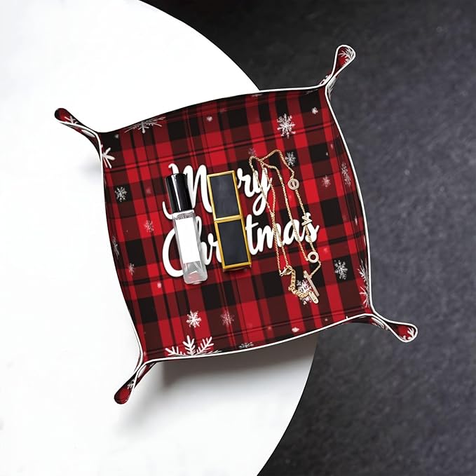 Leather Valet Tray for Women Men Snowflakes Plaid Catchall Trays Leather Storage Organizer Bedside Vanity Trays Nightstand Tray Holder for Keys, Watch, Jewelry, Wallet