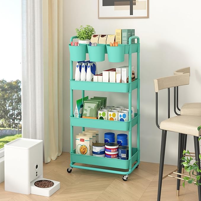 JIUYOTREE 4-Tier Plastic Rolling Storage Cart Utility Cart with Extra Hanging Cups Handles Lockable Wheels for Living Room Bathroom Kitchen Office Green