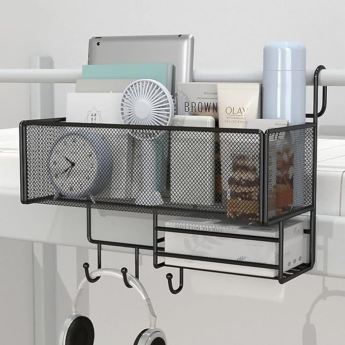Bedside Caddy for Dorm Bed, Bunk Bed Accessories Bedside Shelf, Bedside Hanging Storage Basket with Hooks Multi-Function Organizer Caddy Room Essentials for College Students Girl,White,A