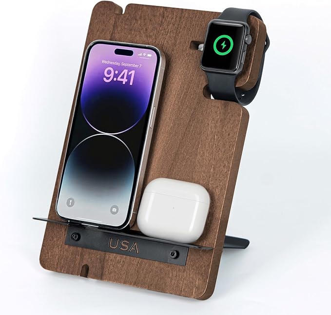 J JACKCUBE DESIGN Wood Charging Docking Station, Phone Watch Charge Dock Stand Multi Device Nightstand Organizer Holder for Smartphone Cellphone Accessories Bedside Caddy -MK243B