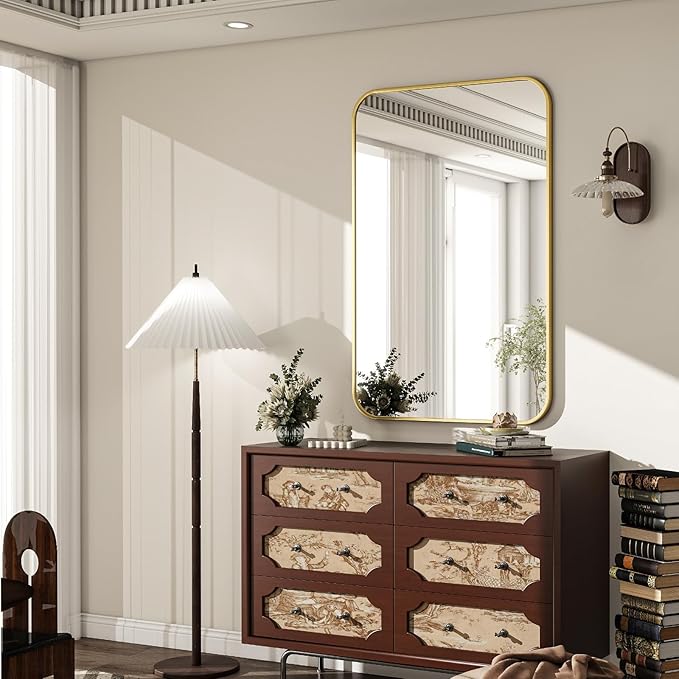 20x28 Inch Bathroom Mirror - Wall Mounted Vanity Mirror with Round Corner Aluminum Alloy Frame, Hanging Horizontally Vertically for Living Room, Bedroom, Hallway as Home Decor, Gold