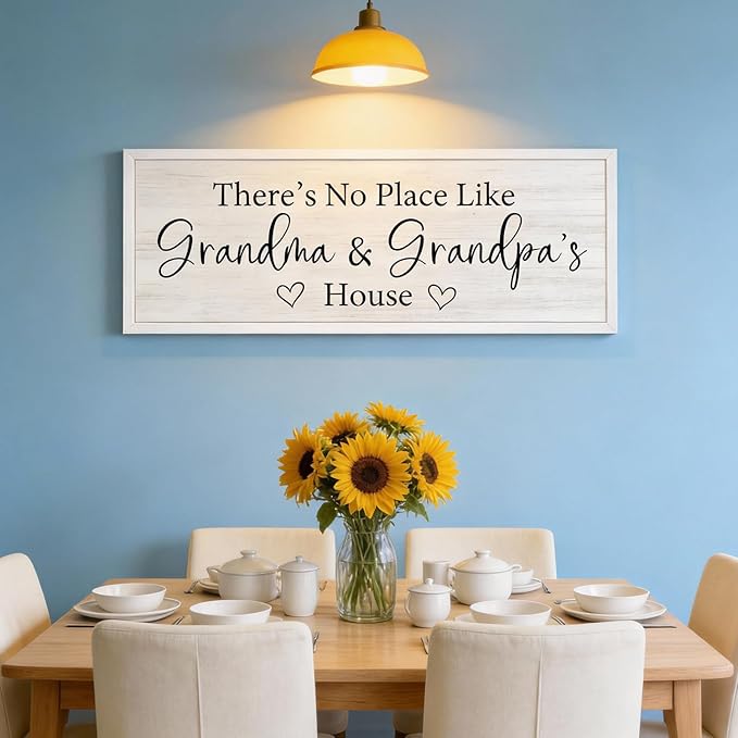 There’s No Place Like Grandma and Grandpa’s House Wall Decor: 32x12 Inch Framed Wooden Family Quote Sign, Rustic Farmhouse Wall Art for Grandparents’ Home, Living Room or Entryway, White