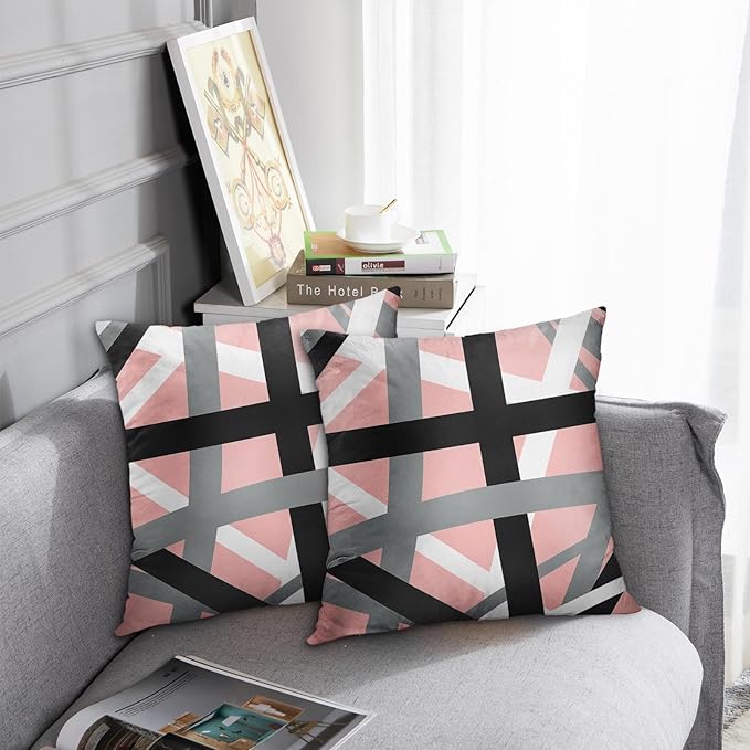 Emvency Set of 2 Throw Pillow Cover Soft Pink Black Stripes Grey White Design Retro Decorative Pillow Case Striped Home Decor Square 18x18 Inch Cushion Pillowcase