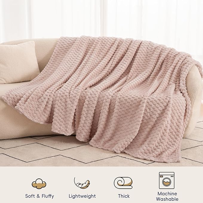 PHF Ultra Soft Flannel Fleece Blanket Queen Size, Lightweight 3D Jacquard Fleece Blanket, No Shedding, No Pilling, Luxury 340GSM Aesthetic Fluffy Cozy for Bed Room Decor, 90"x90", Rose Smoke