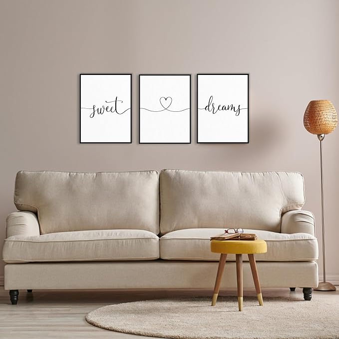 Sweet Dreams Wall Decor Above Bed: 3 Piece Modern Farmhouse Bedroom Art Set, Minimalist Black and White Framed Signs, Rustic Country Wall Art for Master Bedroom Guest Room, 12x16 Inches