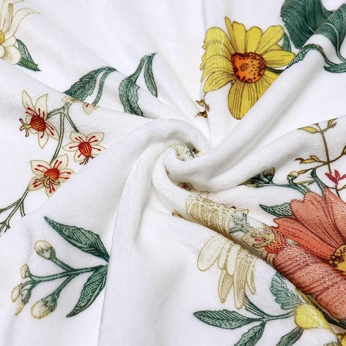 Floral Flower Throw Blanket Bee Flannel Fleece Throw Blanket Botanical Plant Cozy Fuzzy Plush Throw Blankets for Bed Chair Couch 50" X 60"