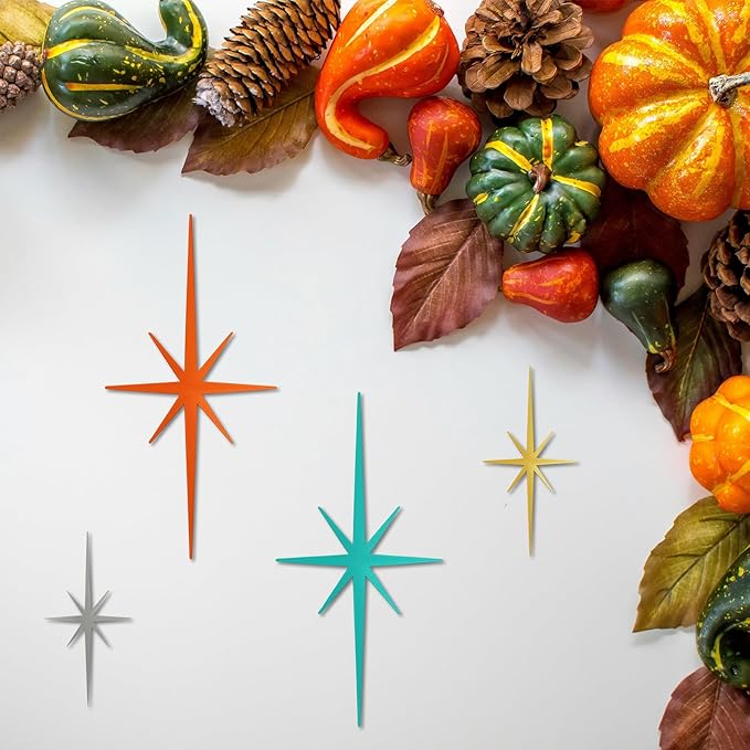 sxnzequnze 4 Pack Metal Star Wall Art 8 Pointed Starburst Wall Decor Set with 2 Large & 2 Small Pieces Mid Century Celestial Metal Wall Sculpture for Bedroom Living Room Office Gallery Wall