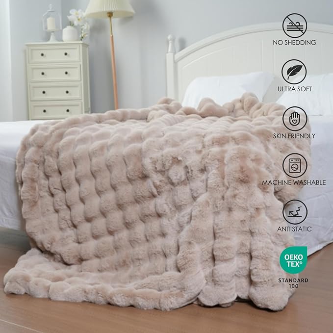 Super Comfort Oversized Warm Thick Bubble Luxury Plush Rabbit Faux Fur Throw Blanket, Fluffy Blanket,Soft Cozy Blanket for Couch Chair Bed Sofa Living Room (Wheat, 60inX80in)